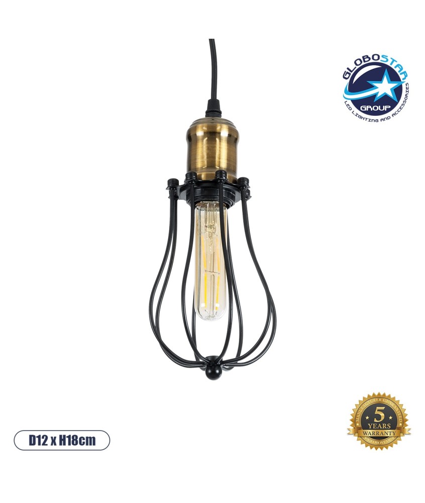 GLOBOSTAR® CAMBER 01016 Vintage Κρεμαστό Φωτιστικό Οροφής με Ντουί 1 x E27 AC 220-240V IP20 - Μαύρο & Χρυσό - Μ12 x Π12 x Υ18cm